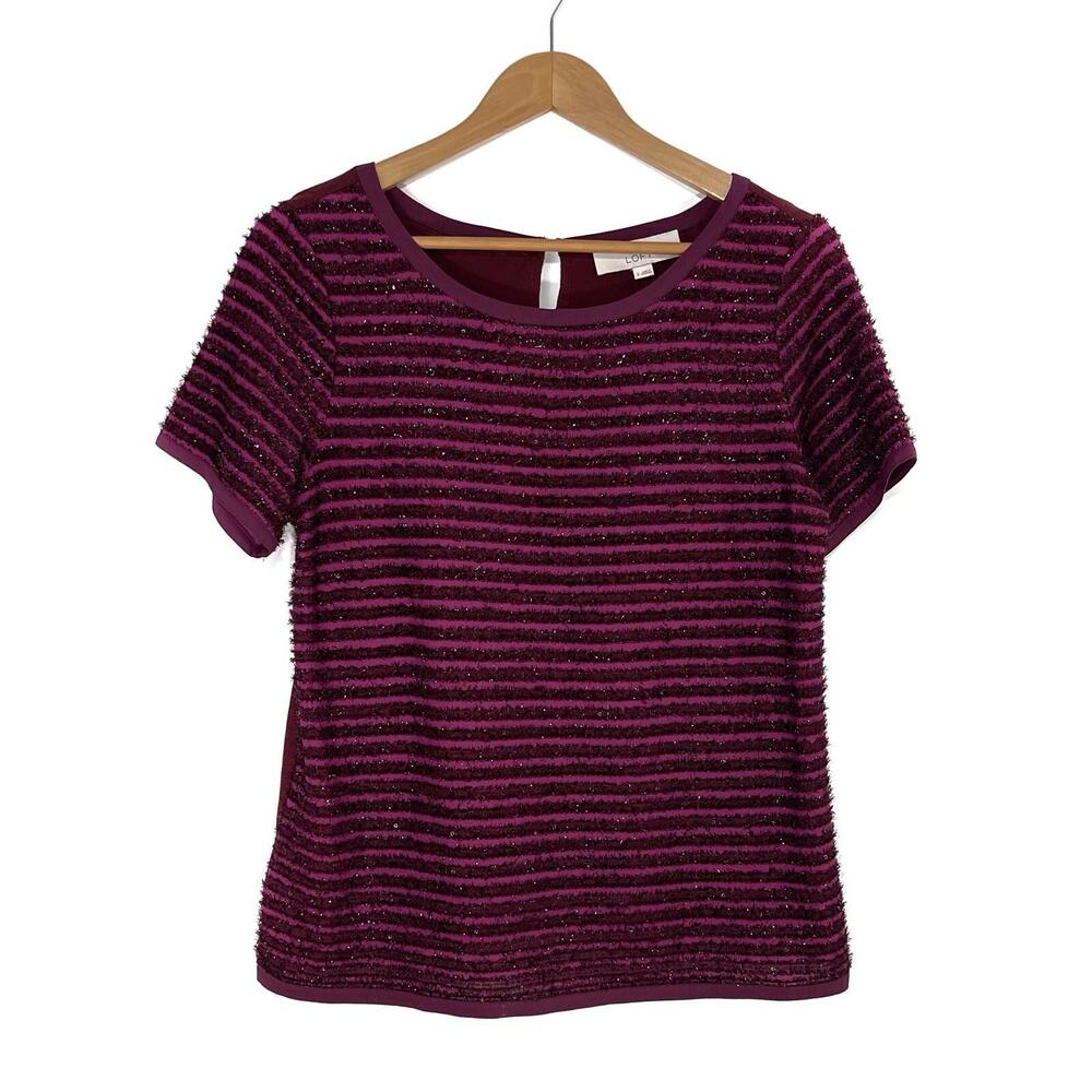 LOFT Ann Taylor Women’s Size Small Maroon Sequin Stripe Front Short Sleeve Shirt